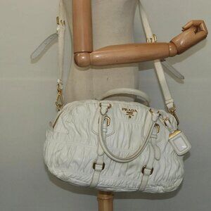 PRADA Hand Bag Leather 2way White Gold Auth gh676